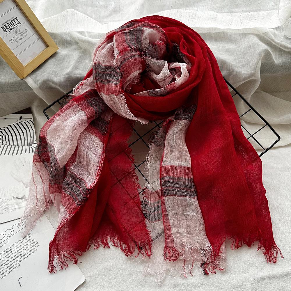 Autumn Plaid Double-Layer Linen Scarf for Women - Retro Cotton British Style Shawl
