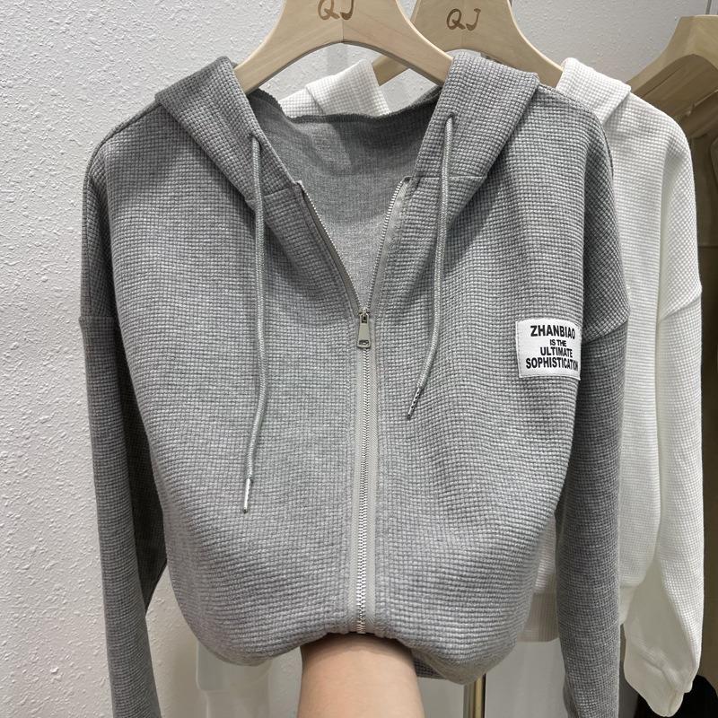 Waffle Sweater Women's Thin Loose and Thin Long-sleeved Cardigan Hooded Short High-waisted Jacket