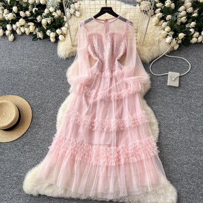 Women's Elegant Fashion Embroidered Patchwork Mesh Party Dress Spring Long Sleeves Temperament High-End A-line Long Dress