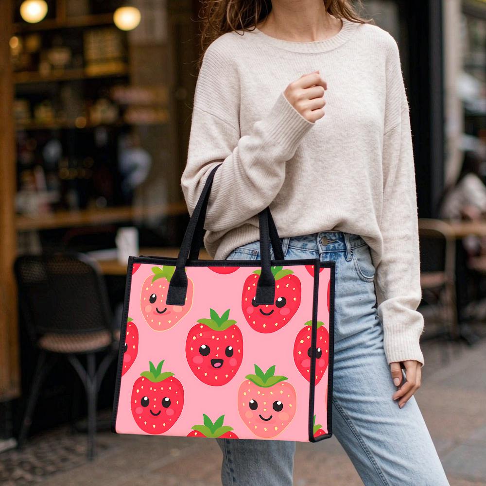 Cute Strawberry Pattern Women Tote Bag Casual Portable Large Capacity Daily Shopping Handbag