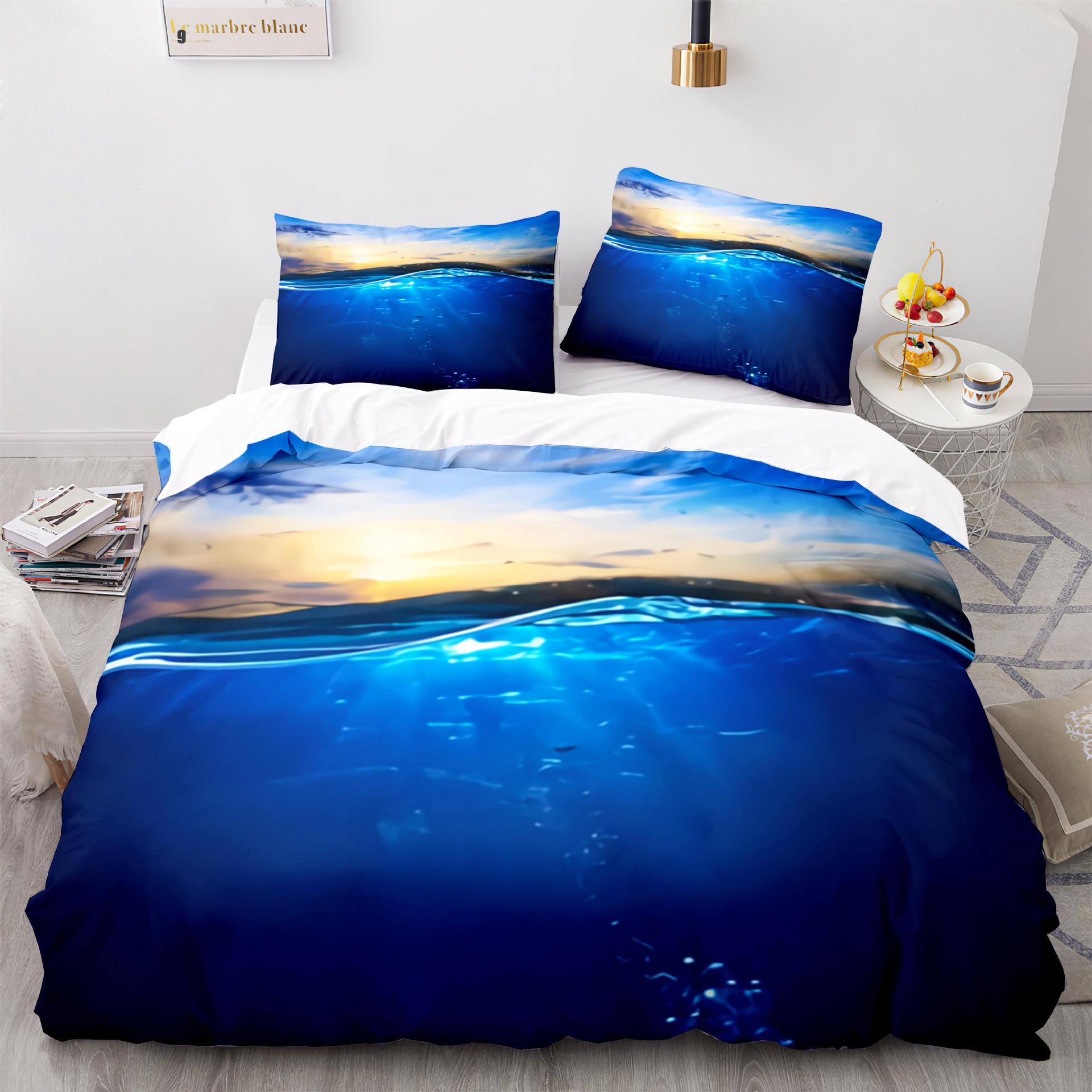 Summer Beach Duvet Cover King Queen Ocean Bedding Collection Hawaiian Palm Trees Marine Life Sea Waves Fish Polyester Comforter Cover 70x133cm 2pcs