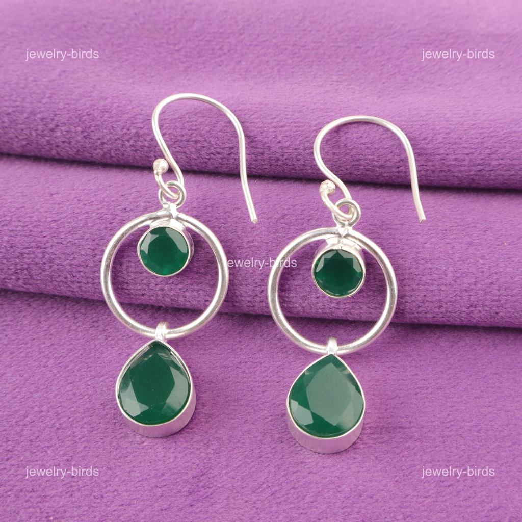 Green Onyx Gemstone Sterling Silver Hook Engagement Dangle Drop Earrings Jewelry EE-140-9