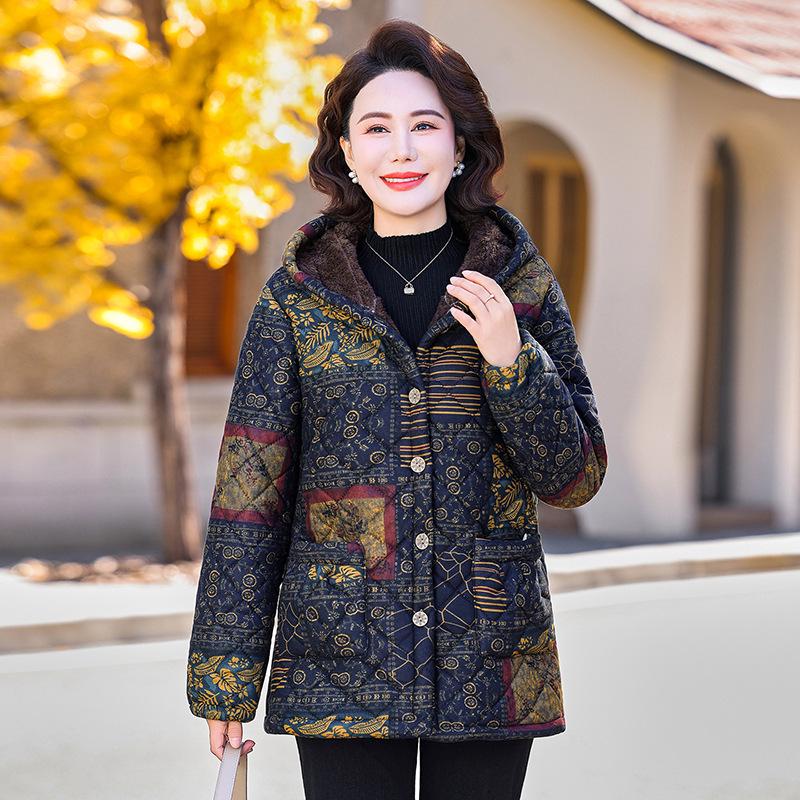 Floral Hooded Velvet Cotton Jacket for Middle-Aged & Elderly Women - Warm Winter Coat