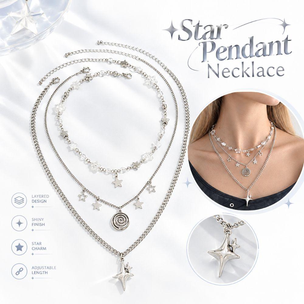 Silver Clavicle Chain Rhinestone Choker Necklace New Star Pendant Necklace  Women