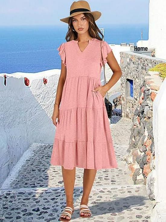 2025 Women's V-Neck Ruffle Sleeve Patchwork Midi Dress with Pockets