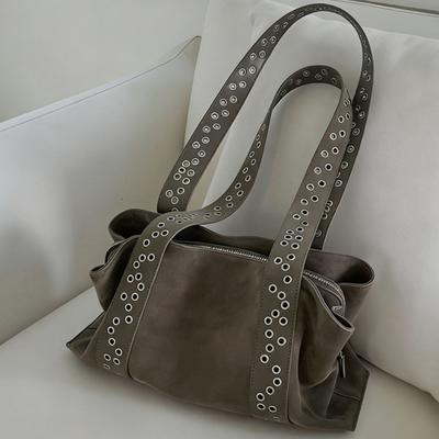 Vintage Suede Tote Bag For Women Retro Rivet Detail Shoulder Bag High-end Underarm Bag Casual & Fashi Daily Commuter Handbag