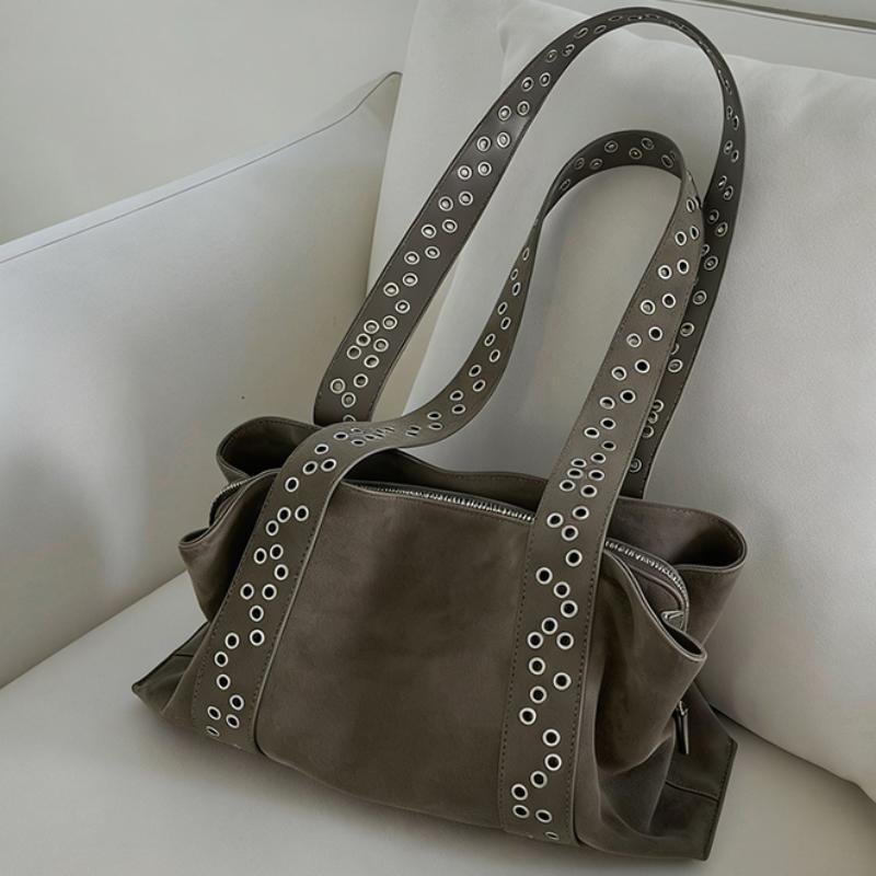 

Vintage Suede Tote Bag For Women Retro Rivet Detail Shoulder Bag High-end Underarm Bag Casual & Fashion Daily Commuter Handbag серый