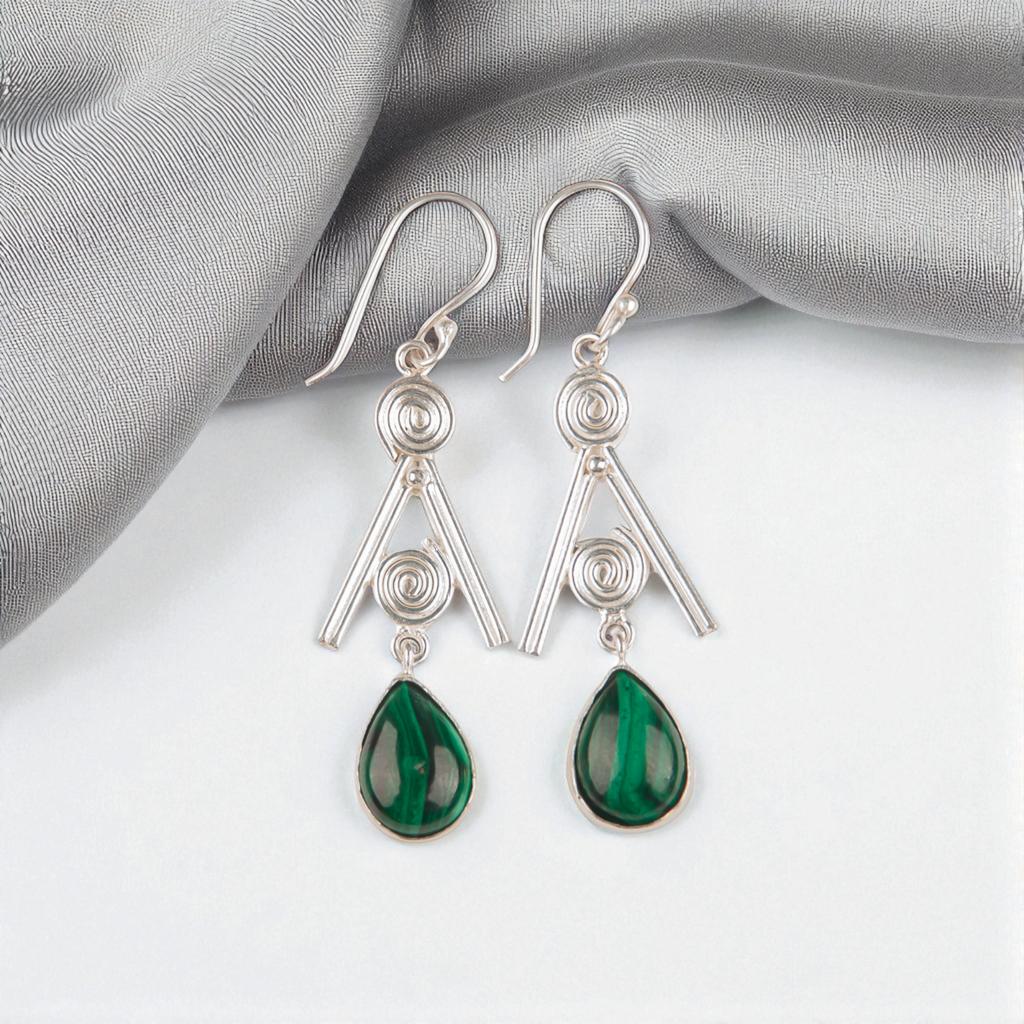 Rare Malachite Gemstone 925 Sterling Silver Jewelry Handmade Hook Earrings 2.4" EE-86-24