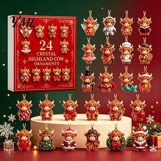 Reusable Christmas Pendant Set Highland Cow Advent Calendar, 24 Pcs Acrylic Hanging Ornaments for Creative Calendar Gift Tree Decoration, Festive