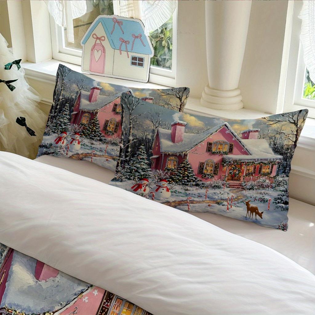 3Pcs Christmas Theme Bedding Set Pink Winter Village Print (1Duvet Cover + 2Pillowcase, Without Core) - Suitable For All Seasons
