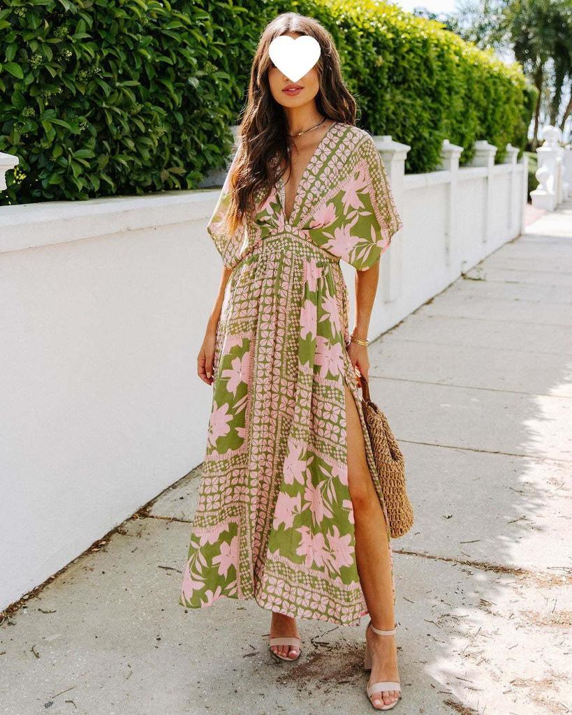 2026 Summer Floral V-Neck Dress: European & American Style, Slimming Fit for Women