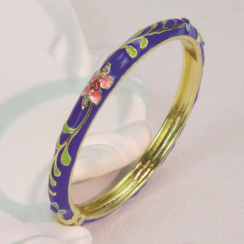 European Enamel Peony Flower Open Bracelet - Ethnic Style Retro Design.