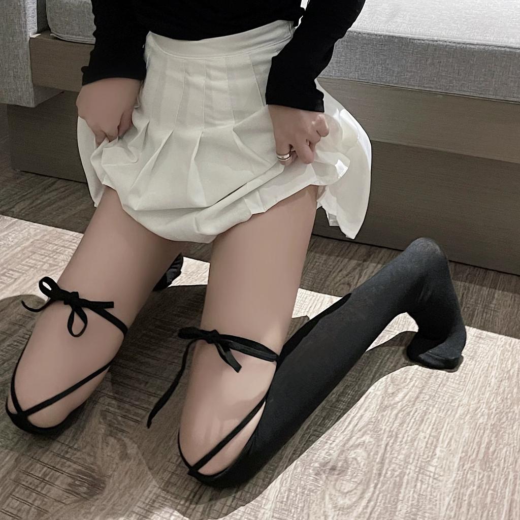 Sweet JK Lolita-style mid-calf socks, versatile and slimming, thin cross-tie over-the-knee black stockings for beautiful legs
