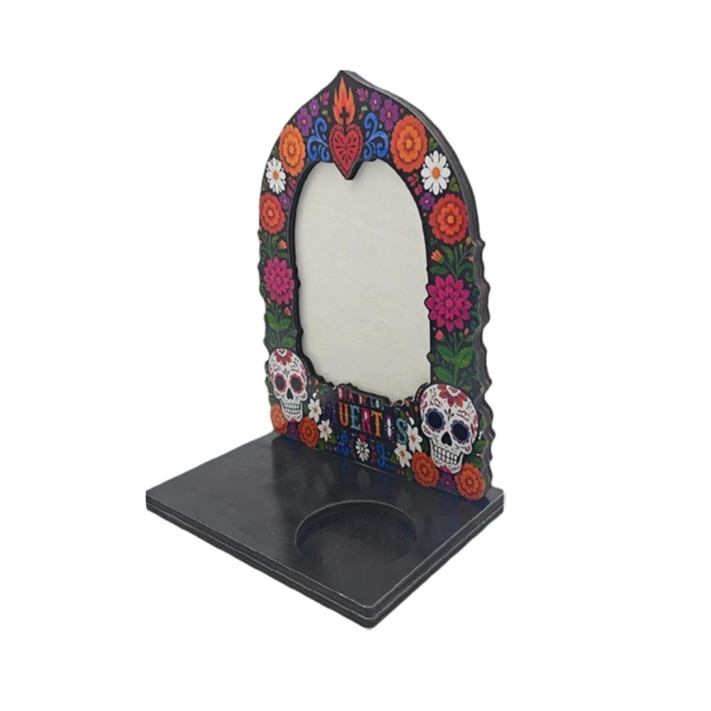 Wooden Halloween Photo Frame Skull Marigold Pattern Desktop Photo Display Rack Haunted House