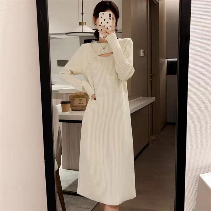 Autumn and Winter New Design Sense Hollow Knitted Primer Dress Women Loose and Thin Medium and Long Inner Sweater Skirt