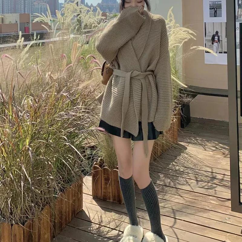 Knitted Female Cardigan Bathrobe Wind Aura Type Lace Up Autumn Winter Lazy Loose Sweater