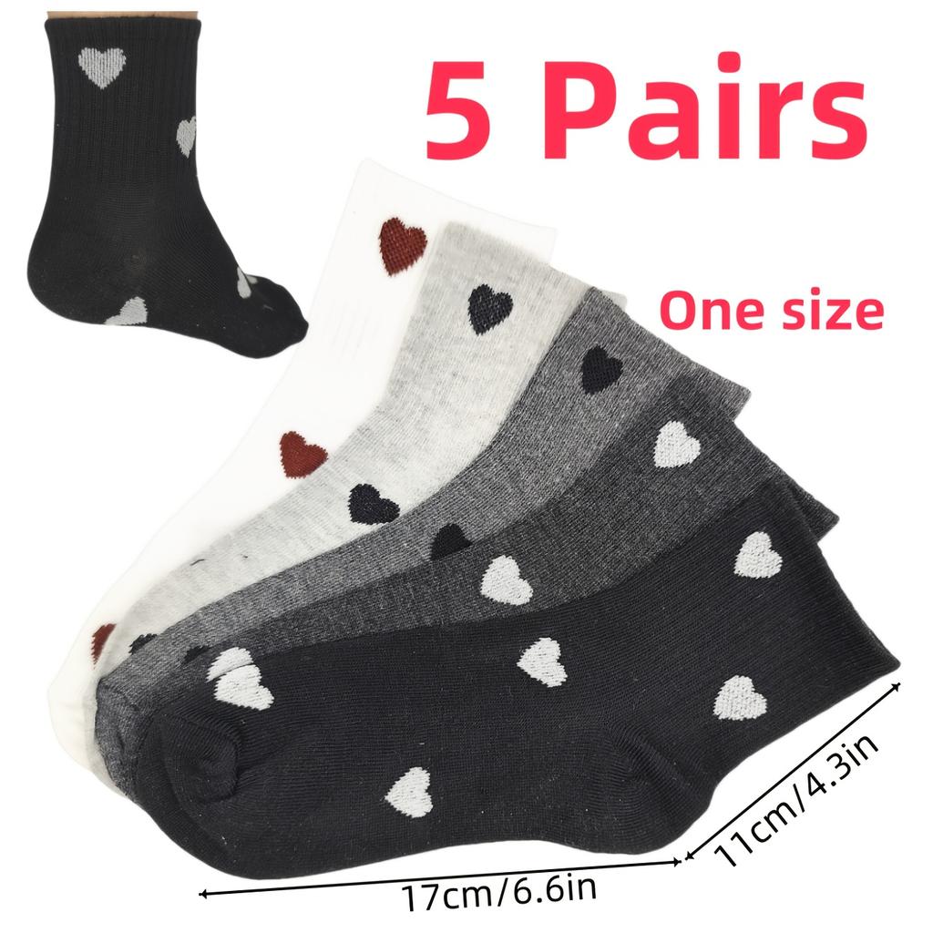 High Quality10pcs 5 Pairs Women'S Mid-Calf Socks with Heart Pattern, Calf Socks - Elegant Heart Pattern Design, Featuring a Heart Pattern In Fabric -