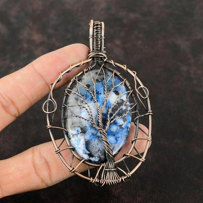 Tree Of Life Blue Dendrite Opal Pendant Copper Wire Wrapped Pendant Gemstone Jewelry Gift For Her Handmade Copper Pendant Wire Wrap Jewelry