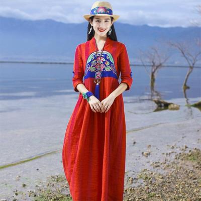 Sonbahar Yeni Baskılı Etnik Tarz Çin Tarzı Kırsal Kız Orman Tarzı Süper Peri Uzun Kollu Elbiseler