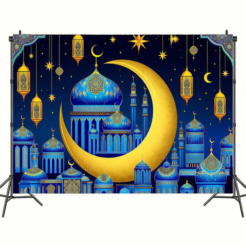 Romantic Night Sky Blue Gold EID Al Adha Background Decor,Crescen,Mosque,lantern,Moon Star Design,Festive Party Celebrations