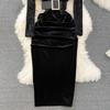 New Autumn Celebrity Temperament V Neck High Waist Dress with Bronzing Printing Fold Stitching and False Two Bag Hip Design