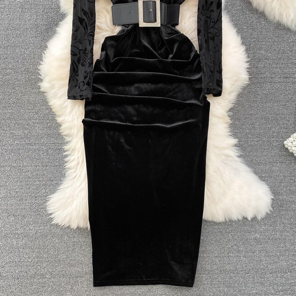New Autumn Celebrity Temperament V Neck High Waist Dress with Bronzing Printing Fold Stitching and False Two Bag Hip Design