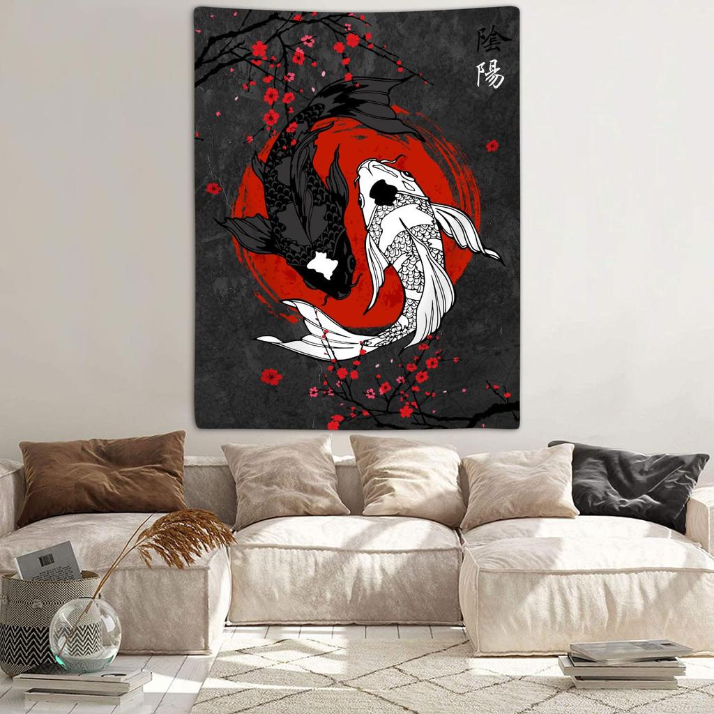 Japanese Yin-Yang Koi Carp Tapestry Cherry Blossom Art Bedroom Living Room Office Tapestry Home Decoration