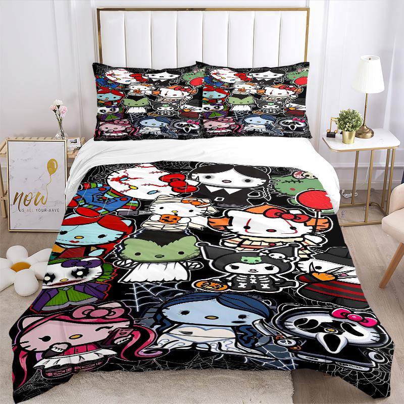 3pcs Halloween Compilation Hello Kitty Bedding Set Includes 1 Quilt Cover and 2 Pillowcases, Comfortable Bedding with Stylish Design for Bedroom S025