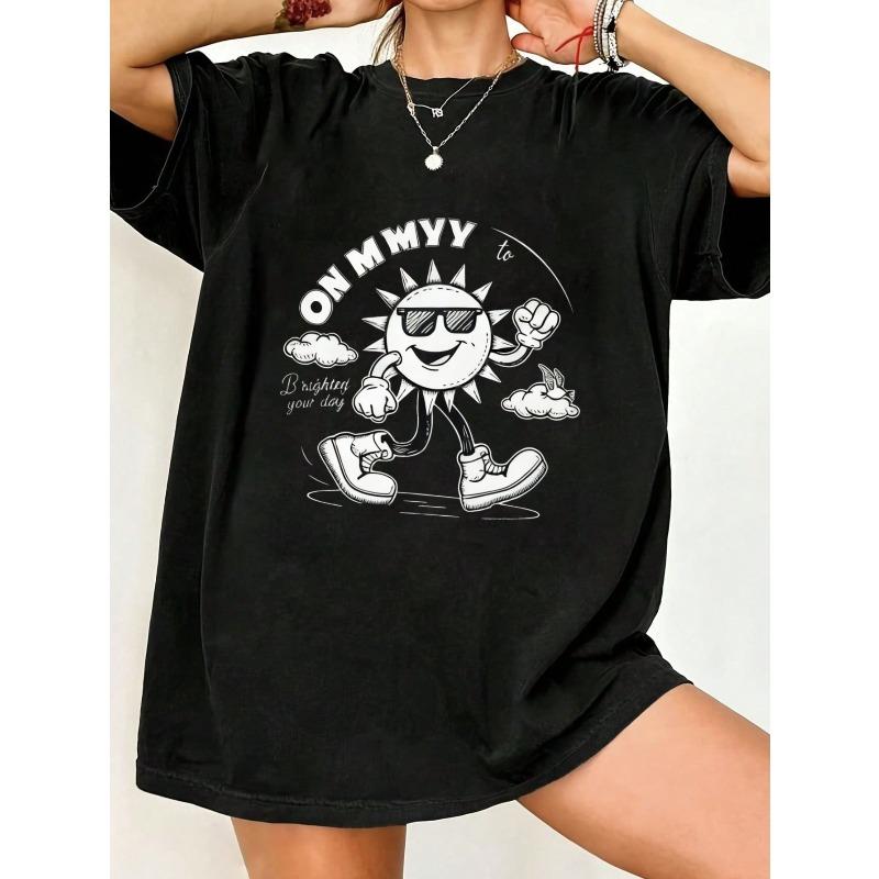 

Oversized T Shirt Black Sun Cartoon With Sunglasses And Text On Myy To Brighten Your Day Casual Streetwear For Women XXXXL чёрный