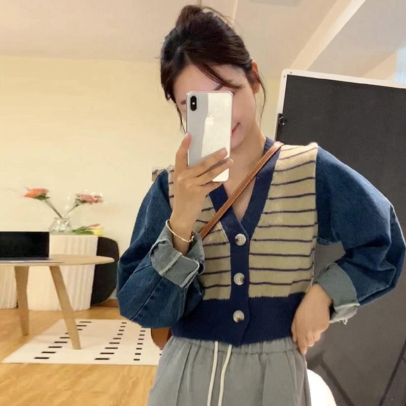 

Denim Sleeves Splicing Striped Knitted Cardigan Women s Early Autumn Collar Versatile Fashion Temperament Top One size бежевый