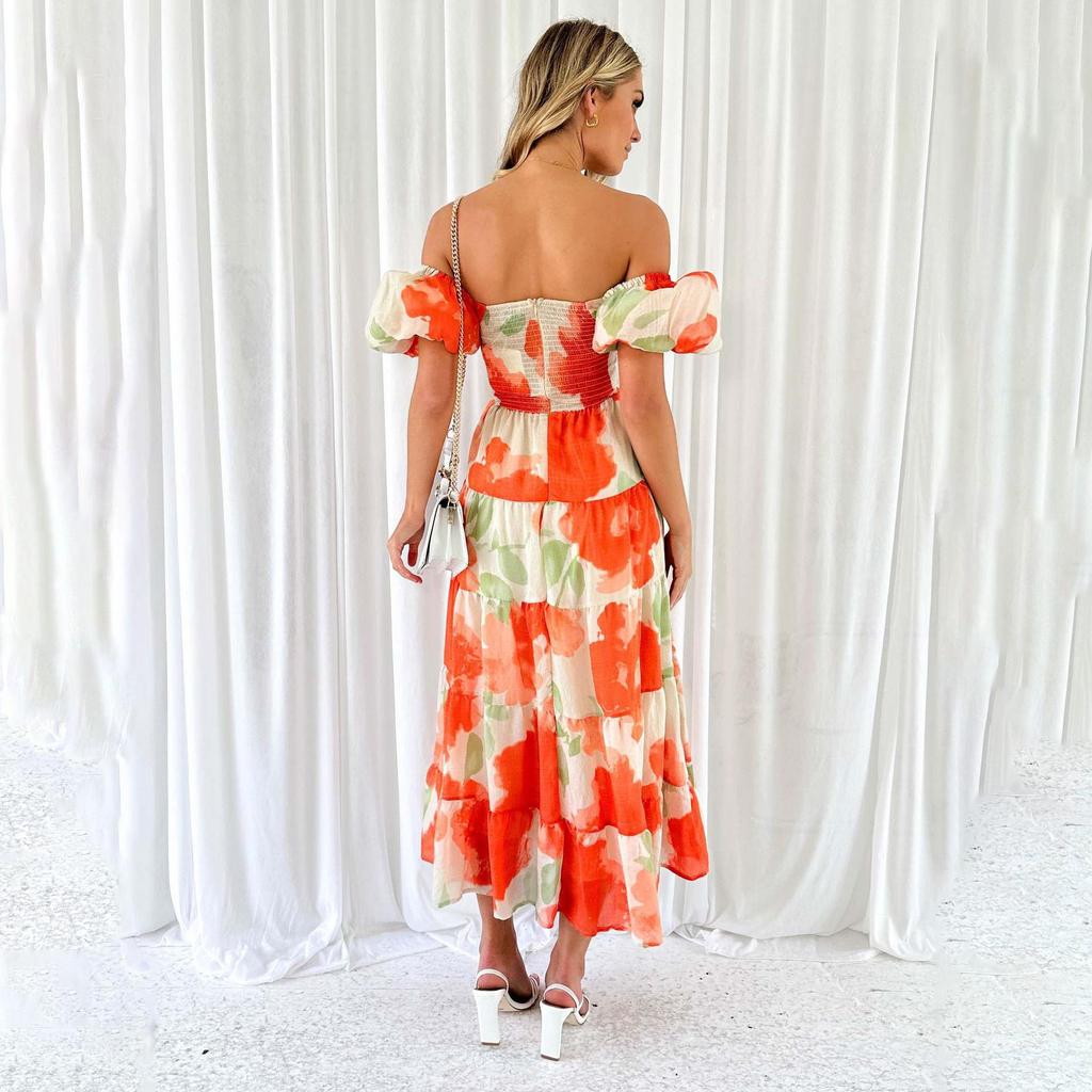 Summer Women's Fashion Print Pleated with Belt Ankel-Length V-Neck Dress