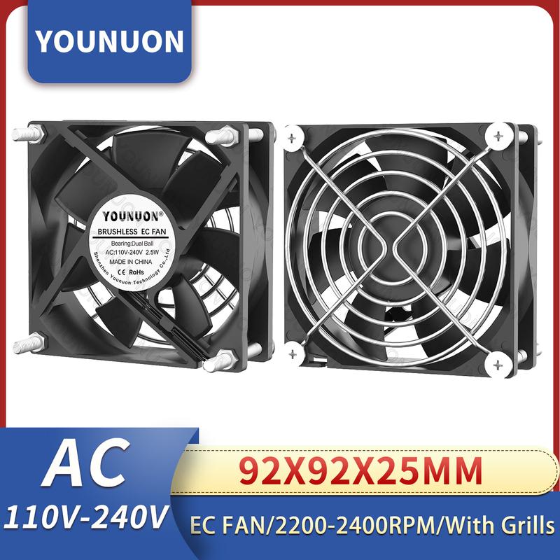 YOUNUON Dual Ball 92mm 9225 EC Brushless Fan AC 110V 115V 120V 220V 240V Axial Fan 92mm x 92mm x 25mm Comes with Srews/Grill