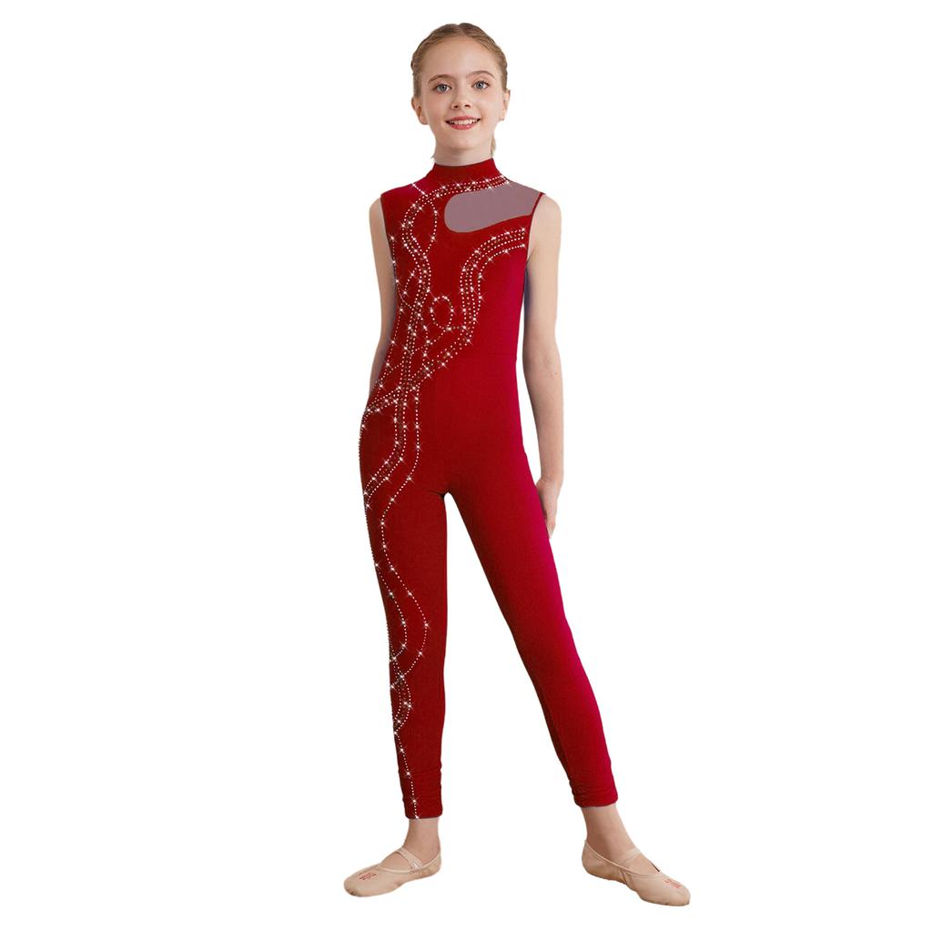 Girls Dance Bodysuit Sparkly Rhinestones Sheer Mesh Patchwork Full Body Performance Wear
