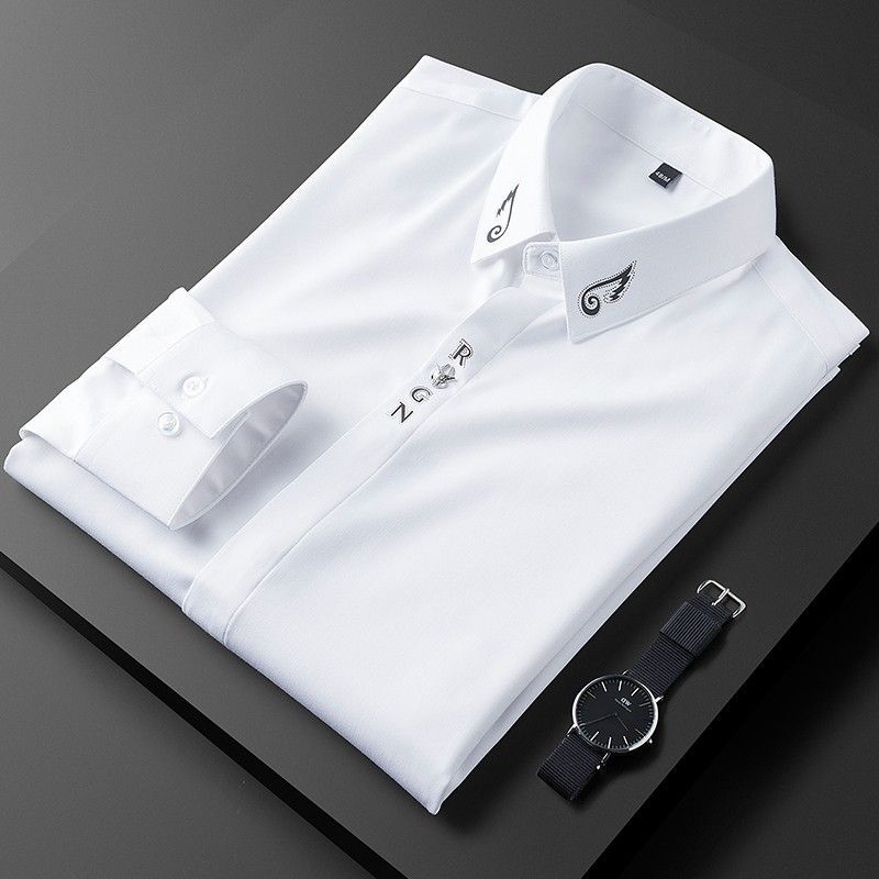 New Spring and Autumn High End Simple Fashion Trend Casual Thin Fit Flip Collar Embroidered Long Sleeved Shirt for Men