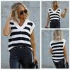 2025 European V-neck Striped Knit Sleeveless Cardigan Vest for Women - Black & White
