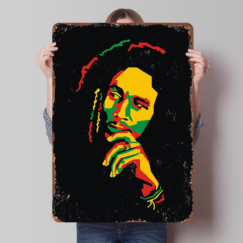 Bob Marley Portrait in Rasta Colors Poster Customized Wall Art Vintage Metal Signs Retro Tin Plaque for Man Cave Coffee Bar Home