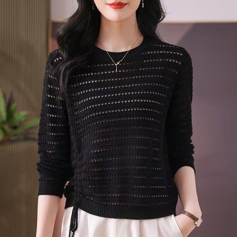 

Универсальный базовый свитер на весну и осень с круглым вырезом, тонкий вязаный свитер с ажурным узором, женский короткий свободный западный топ с длинным рукавом XXL