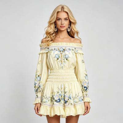 Sommer Gelb Floral Print Baumwollmischung Schulterfrei Resort Kleider Damen Schrägschnitt Langarm Elastische Taille Kurzes Kleid