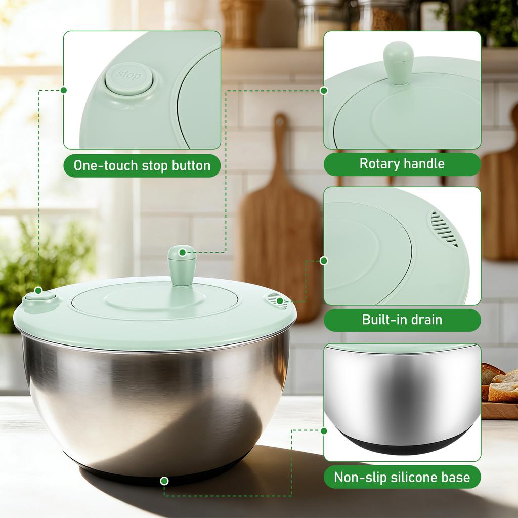 1 Pc Salad Spinner Stainless Steel/Plastic  Large Lettuce Washer Spinner with Blade Multi-functional Vegetable Dryer for Kitchen