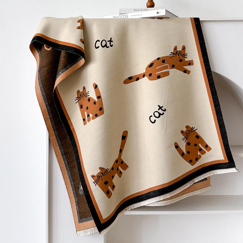 Winter Imitation Cashmere Scarf Women'S Double-Sided Cartoon Cat Shawl Warm Long Sweet And Cute Fringed Dual-Purpose Scarf