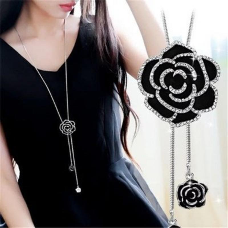 

Women Long Snake Chain Black Enamel Camellia Flower Rhinestone Pendant Sweater Necklace 1pcs чорний