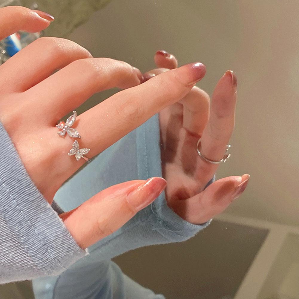 Creative Butterfly Opening Adjustable Ring Shiny Zircon Butterfly Ring Temperamental Alloy Ring Jewelry