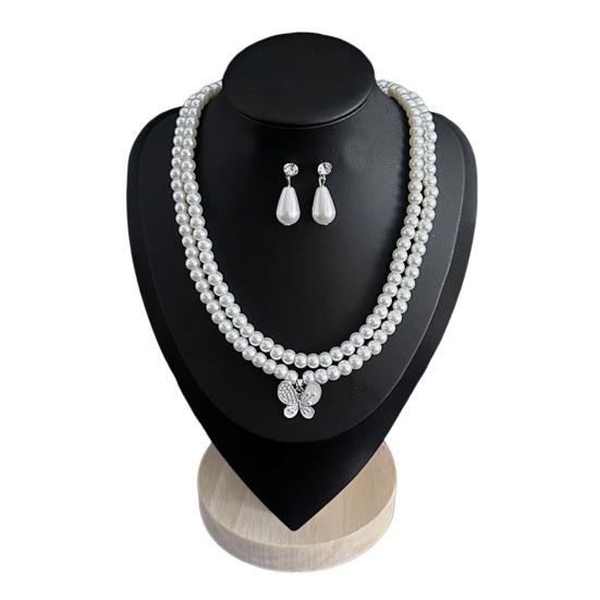 2Pcs/Set Imitation Pearl Jewelry Set Retro French Style Blue Waterdrop Faux Gem Charm Necklace Earrings Set