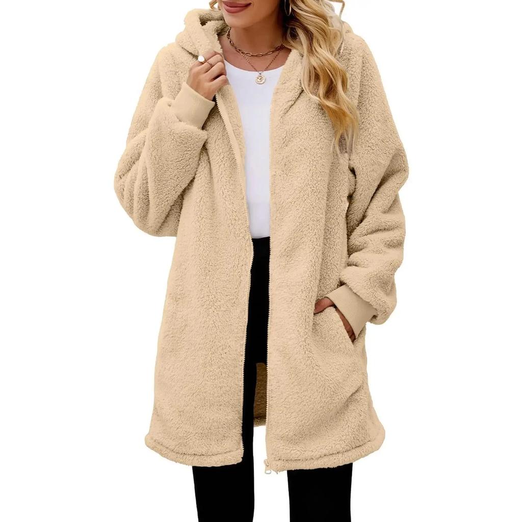 Winter Women's Jackets Loose Fur Long Sleeve Hooded Zipper Cardigan Coat Thickened Warm Casual Outerwear