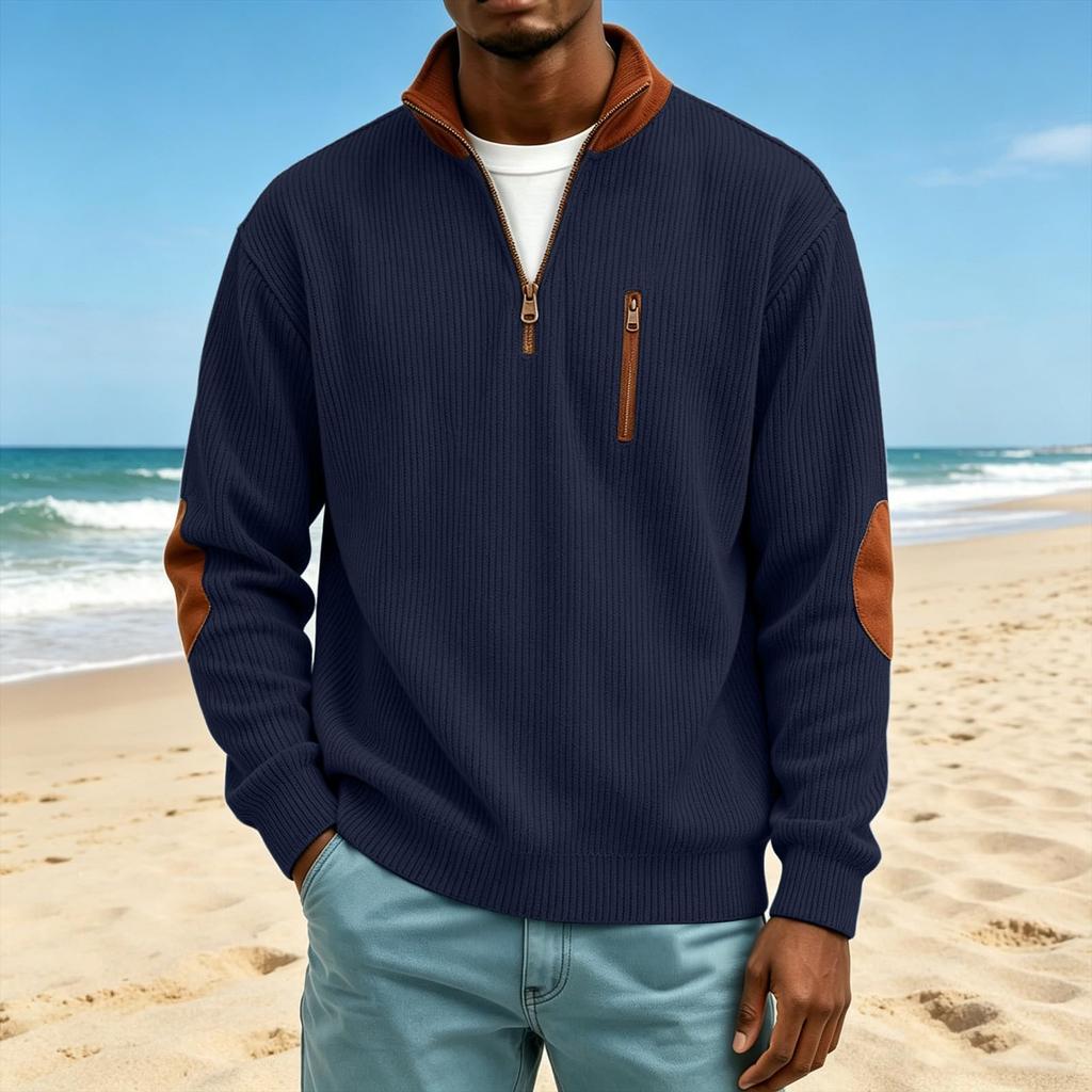 Men's Corduroy Stand Up Collar Sweater Casual Top with Chest Zipper Pocket and Cuff Patches
