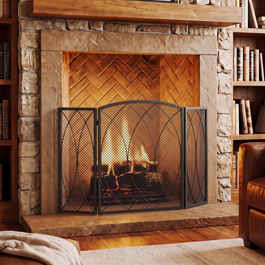 Fireplace Screen, 3-Piece Foldable Spark Guard 122 X 75 Cm