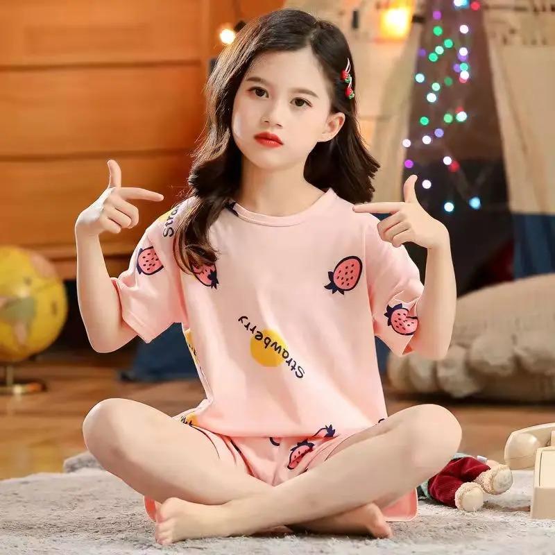 Baby Kids Pajamas Sets Cotton Boys Sleepwear Suit Summer Girls Pajamas Cartoon Cat Pijamas T-shirt+Shorts 2pcs Children Clothing