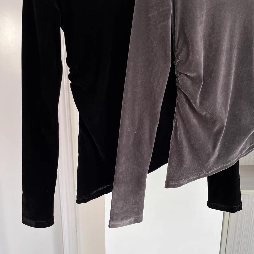 Damen Luxe Samt Langarm-T-Shirt – 2026 Rundhals Schmale Passform für den frühen Frühling/Herbst