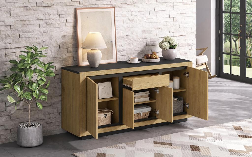 140*40*60cm Living Room Chest, Sideboard With 4 Doors, 1 Drawer, Dining Room Cabinet, Handleless Compartments, Sofa Side Cabinet, Wood Color + Black