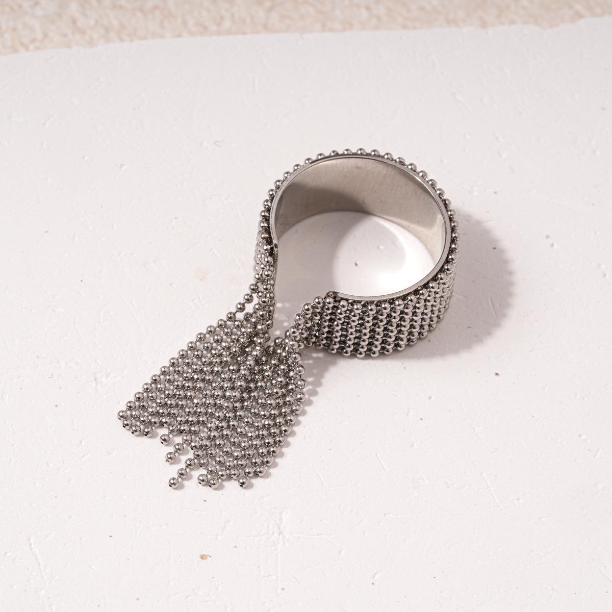 European-American Stainless Steel Beaded Tassel Open Ring - Elegant High-End Fashion Finger Jewelry